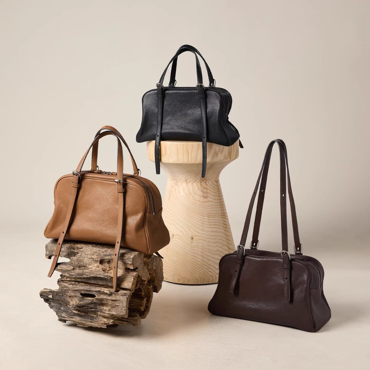Qiu Youyou Bowling Bag Genuine Vegetable-Tanned Cowhide Leather Women's Luxury High-Capacity Commuter Handbag Shoulder Crossbody Bag