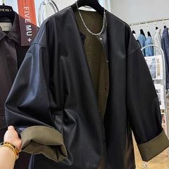 2025超火新款慵懒风宽松休闲两面穿圆领皮衣外套女春秋皮夹克