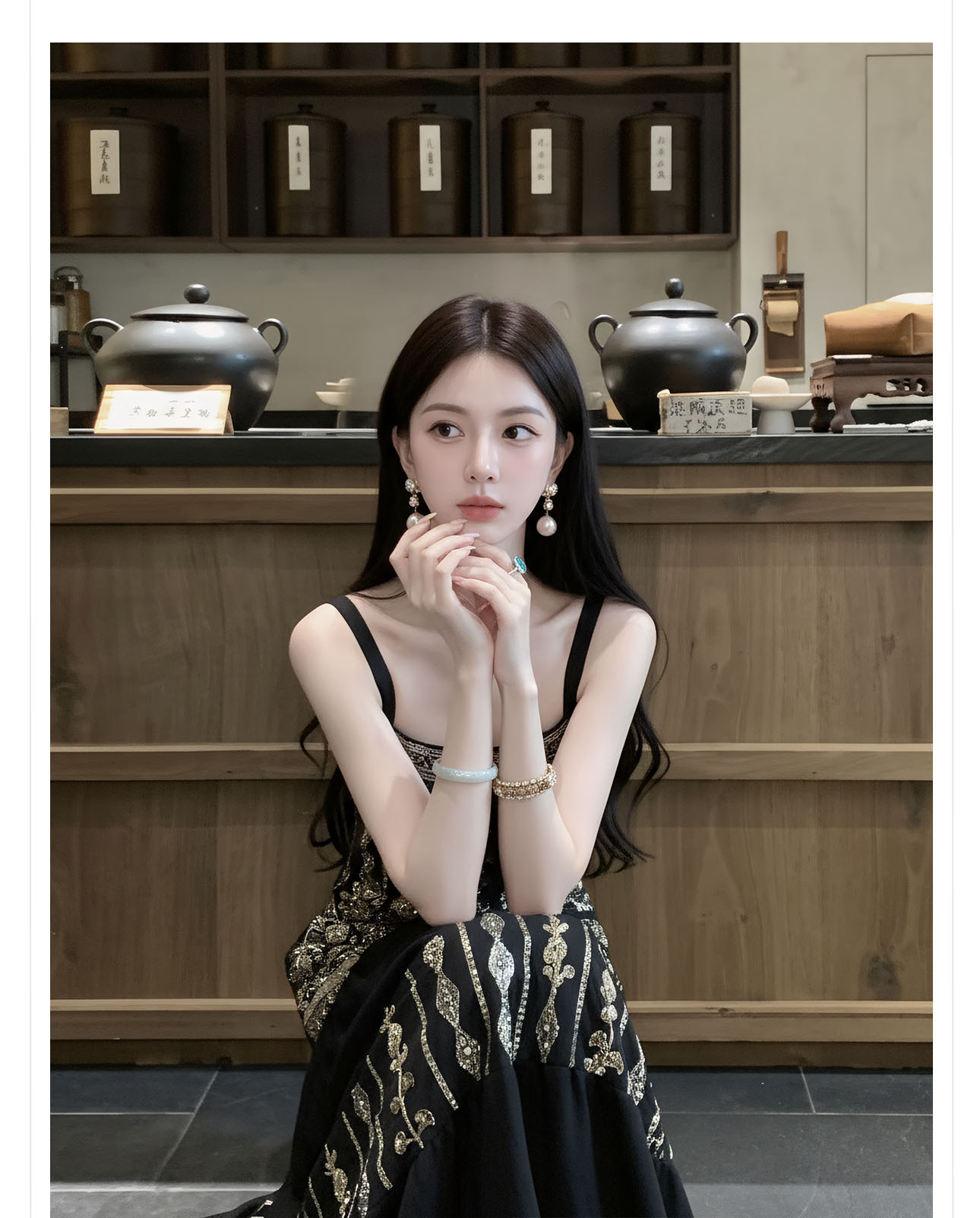 Đầm maxi nữ thắt eo phong cách tân cổ điển đính kết cườm thêu hoa — màu đen chi tiết 5