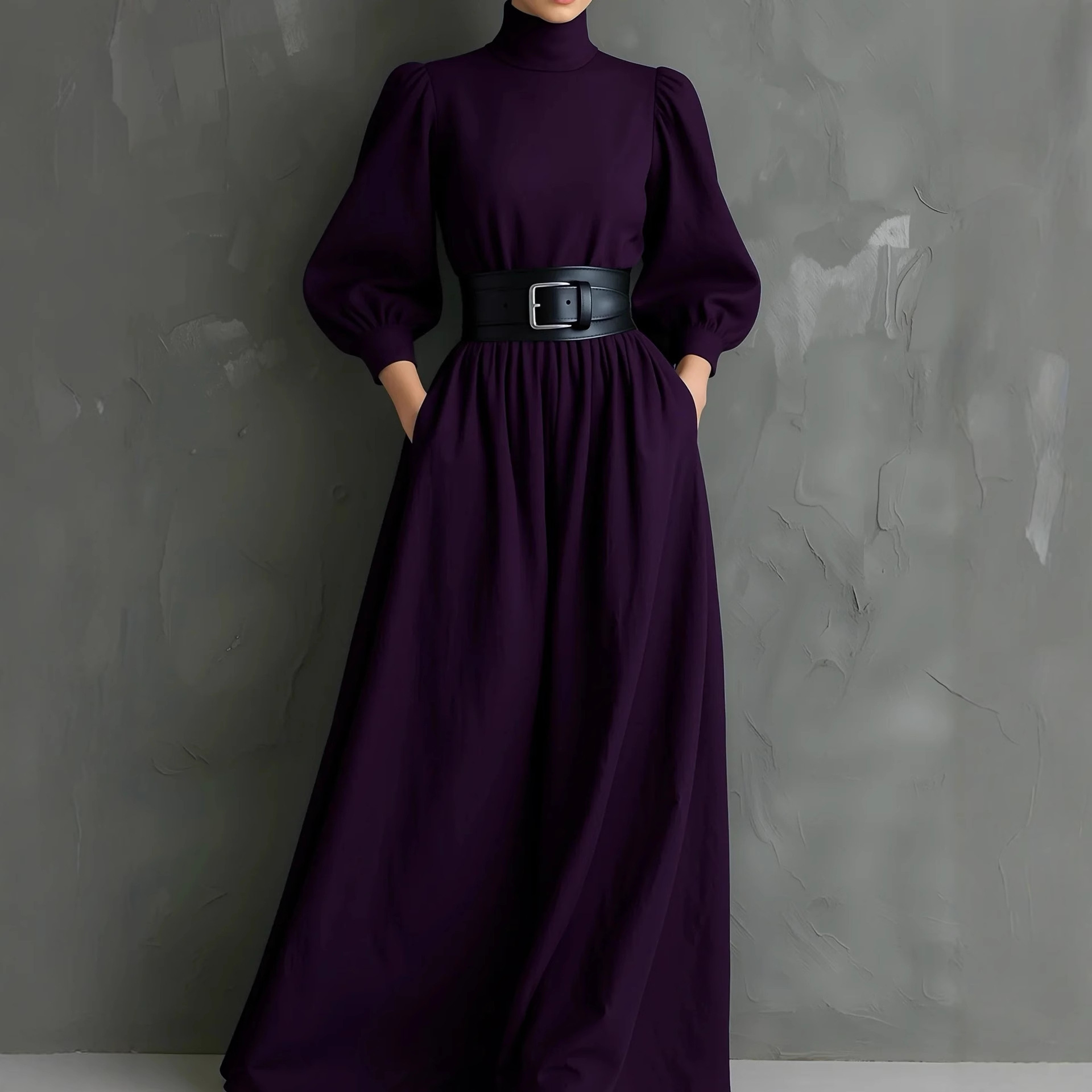 2025 Light Luxury Purple Dress, Niche Elegant Stand-Up Collar Pleated Skirt, French Long Skirt, Elegant Large Hem Skirt