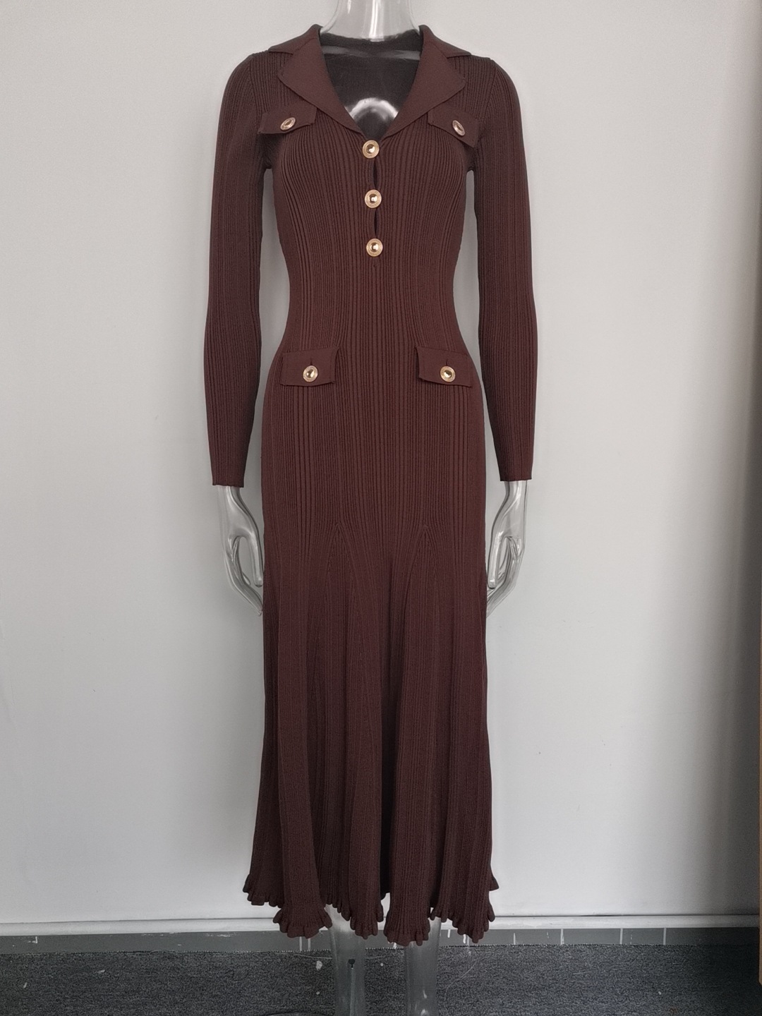 Women's Long Sleeve Blazer Collar Midi Dress Metal Buttons Rib Knit Bodycon Elegant Office Evening Wear Slip Dress_ecoleips.com