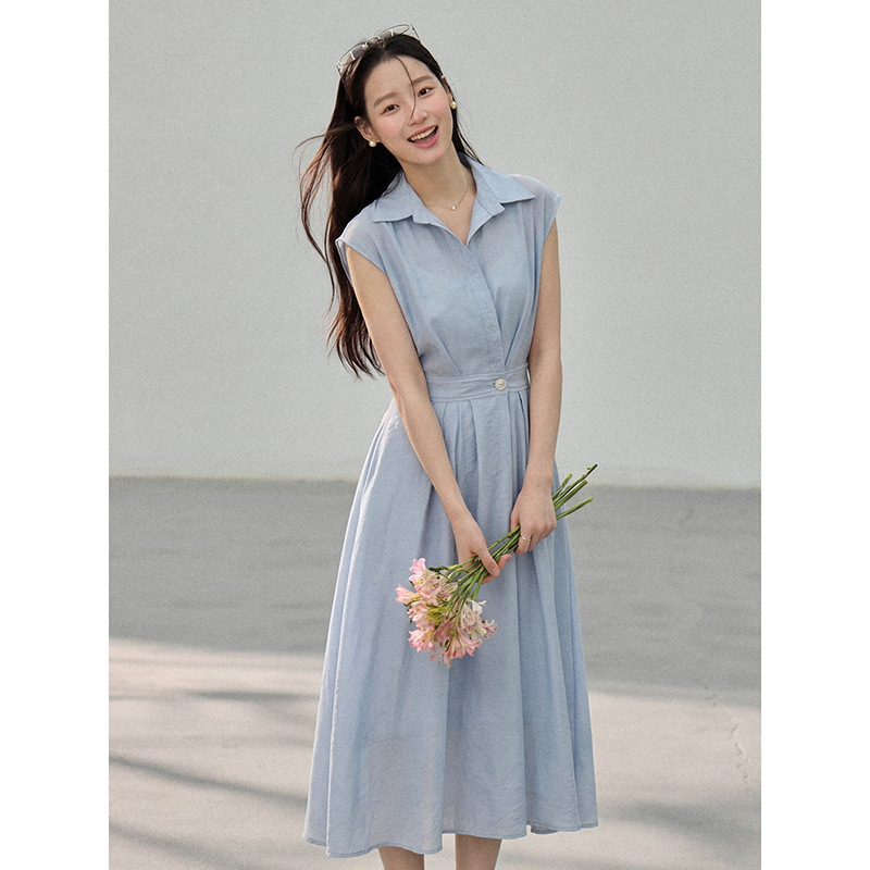 [Geming] Korean-Style Commuter Lapel Shirt Dress for Women, Summer Outfit, Waist-Cinching Mid-Length Dress for Women N027C