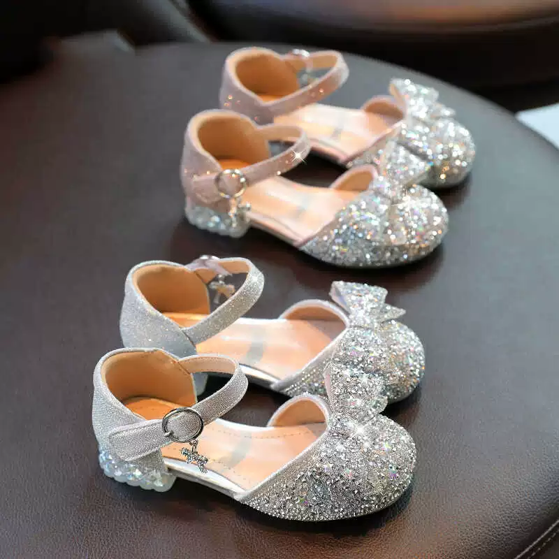 Genuine leather girls' princess shoes, children's high heels, summer leather shoes, crystal shoes with dress rhinestones, performance shoes for little girls