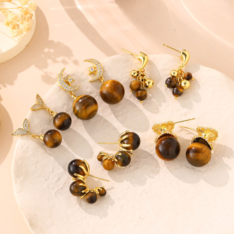 Maillard Natural Tiger Eye Stone Earrings for Women, Fashionable Niche Retro Exquisite Niche Elegant Tassel Pendant Earrings for Women