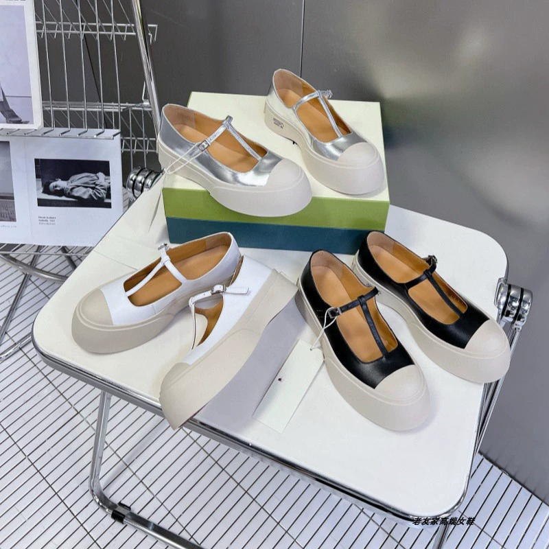 Кожаные туфли с круглой головой и мелким ртом Мэри Джейн женские туфли с толстым подошвом