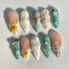 跨境热销3D立体穿戴甲夏季海岛风网红同款贝壳珍珠水波贴片美甲