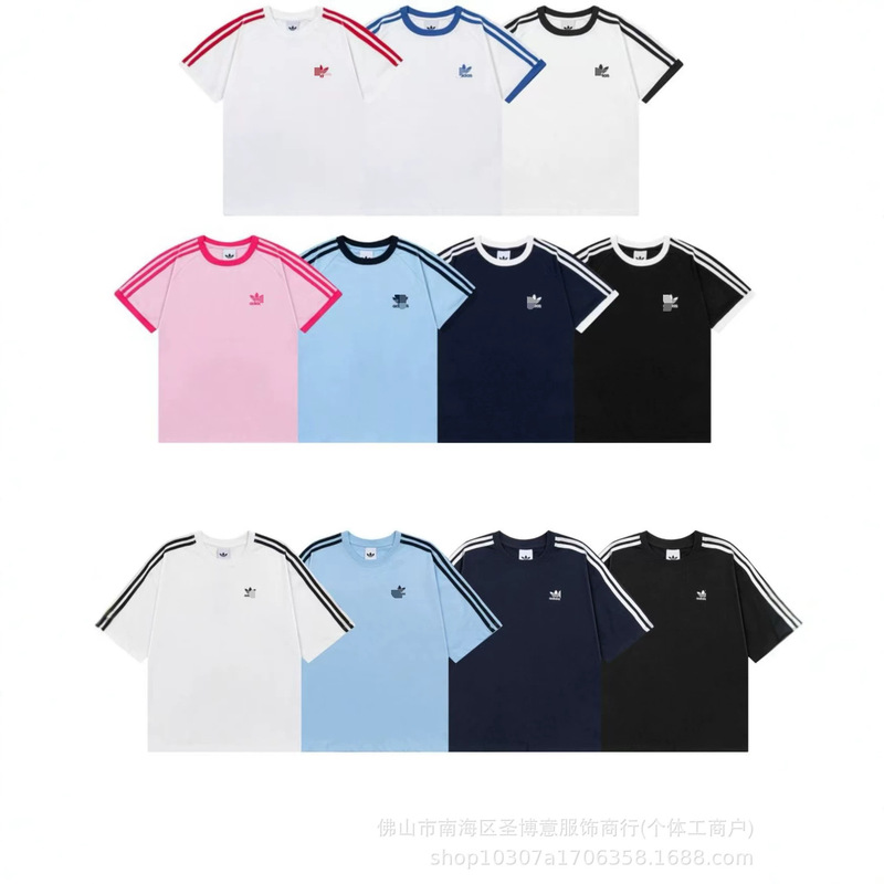 Cross-Border 26Ss High-End Version Trefoil American Retro Three-Stripe Pure Cotton Double Yarn Short-Sleeve Crew Neck T-Shirt for Men and Women