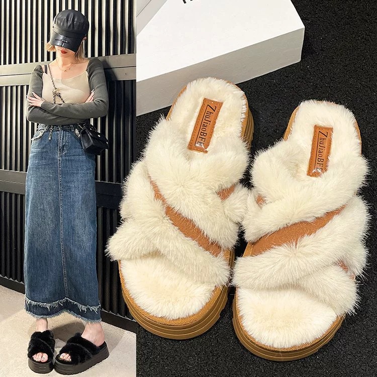 Pelzige Hausschuhe für Damenoberbekleidung im Herbst 2023, Baumwollhausschuhe mit offener Spitze_voghion.com