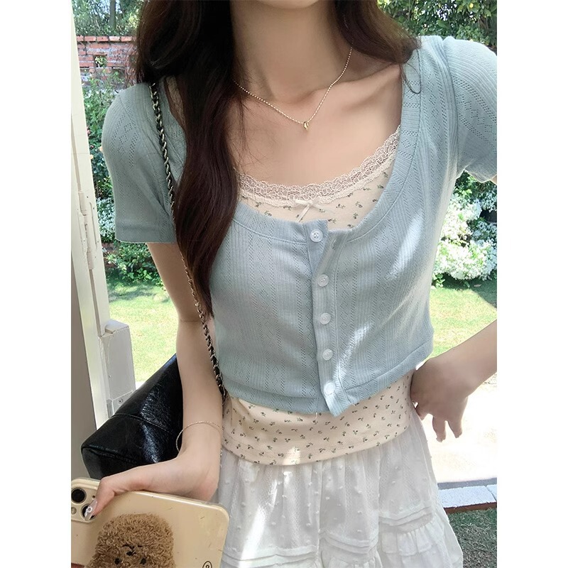 Light Blue Large Round Neck Exposed Collarbone Right Shoulder Half-Sleeved Knitted Cardigan Women's Slimming Look T-Shirt Short-Sleeved Top Summer