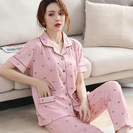 夏季纯棉睡衣女士短袖长裤中年妇女大码开衫妈妈套装薄款家居服