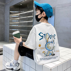 Boys' Summer Short-Sleeve T-Shirt 2024 New Model Front and Back Print Medium and Large Boys' Summer Stylish Cotton Top