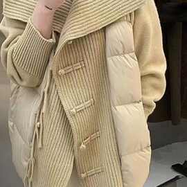 新品棉服秋冬新款复古新品盘扣拼接羽绒服宽松中长款翻领毛衣外套