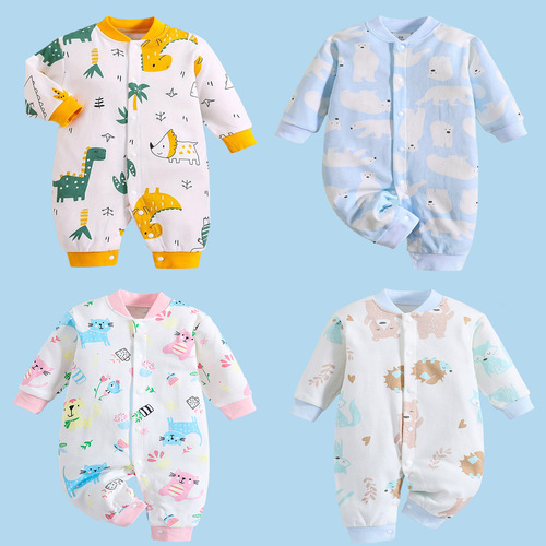 Baby pure cotton onesie for newborns, cartoon long-sleeve pinafore for all seasons, unisex crawling suit for babies, stylish and cute clothes