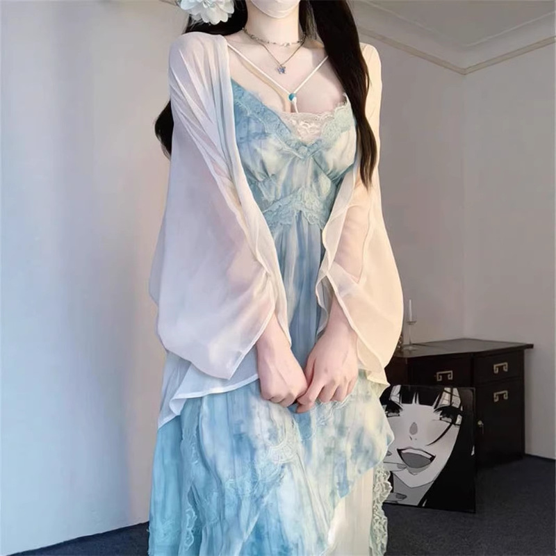Slightly Plus-Size Lace Trim Tie-Dye Camisole Dress with Sun Protection, New Gentle Style Dress and Cardigan Set for Women