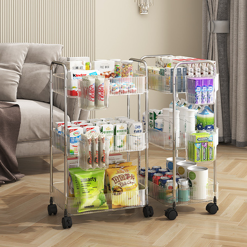 High-end home kitchen transparent white storage rack simple mobile trolley bathroom storage rack floor-standing storage rack