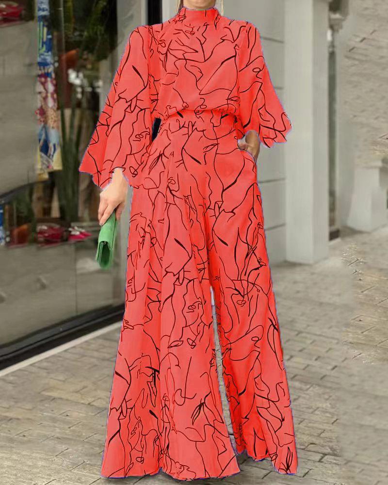 2022 verano europeo y americano ropa de mujer Amazon elegante cintura con cordones de manga larga Halter pantalones impresos mono