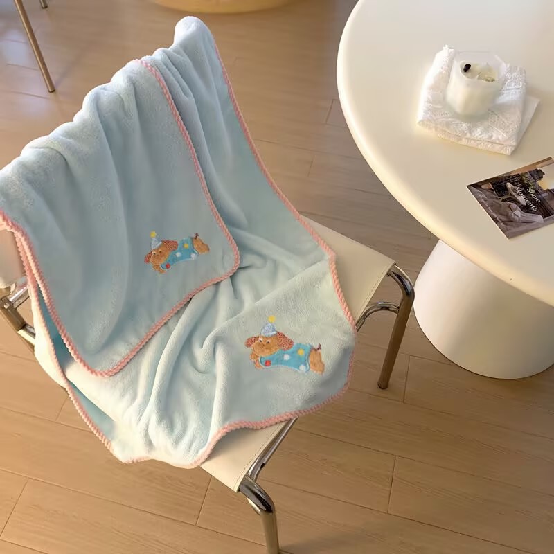 Coral Fleece Towel Threaded Edge Absorbent Bath Towel Household Bath Big Towel Magic Cap Puppy Embroidered Face Towel