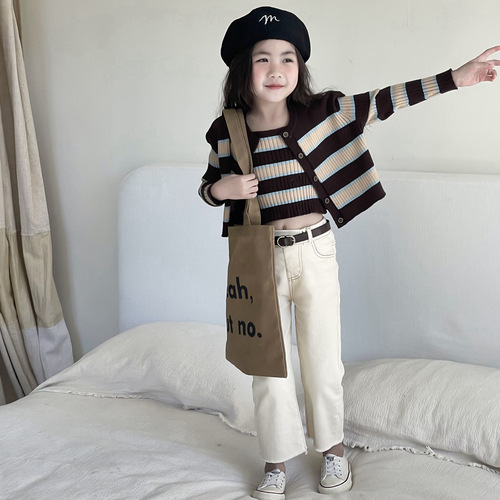 Yuyu Princess Children's Spring New Japanese Elastic Casual Pants for Girls, Off-White Straight Leg Pants, Nine-Foot Jeans