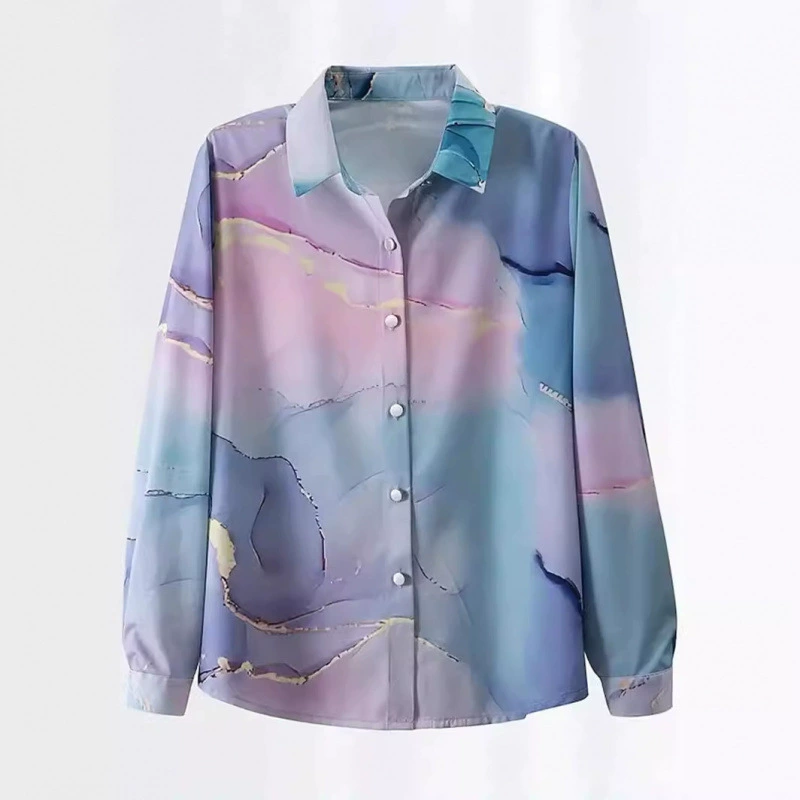 Летние блузки и рубашки для женщин 2024 года, элегантные цветные блузки с 3D-принтом на пуговицах, модные блузки с длинным рукавом