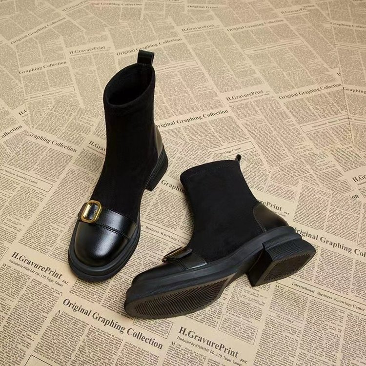 Temperament Short Boots Women's Chelsea Boots 2025 Autumn and Winter New Elastic Slim Boots Socks Boots Brown Mid-Calf Boots Fleece-Lined