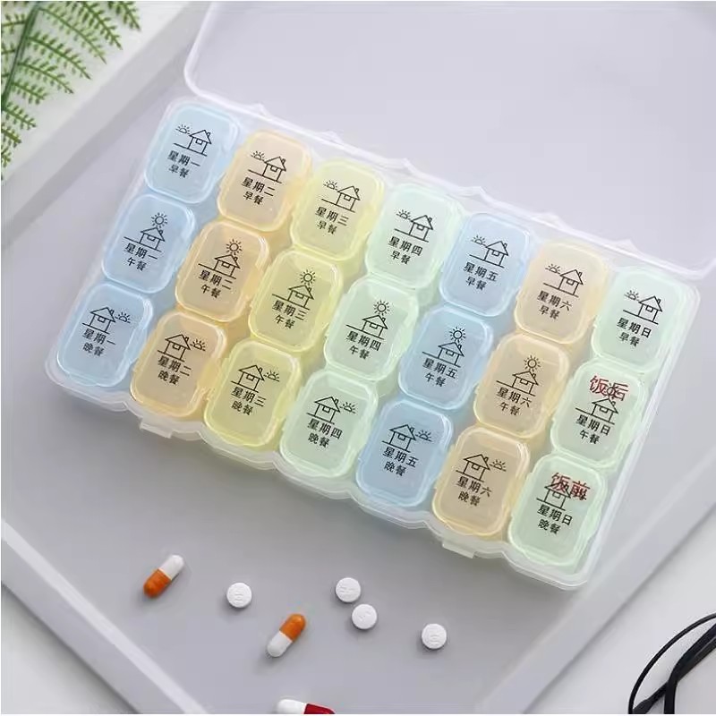 Pill Box, Morning, Noon and Evening, Seven Days a Week, Large-Capacity Pill Dispenser, Weekly Storage Box, Reminder Pills
