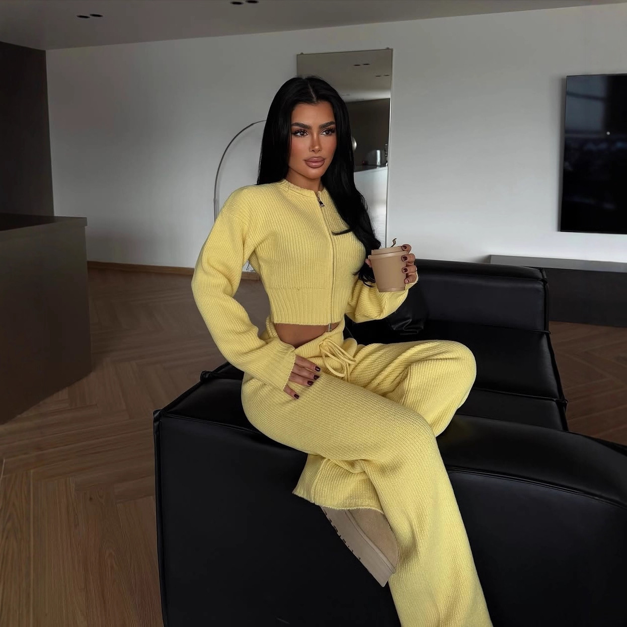 2025欧美通勤拉链针织修身毛衣套装