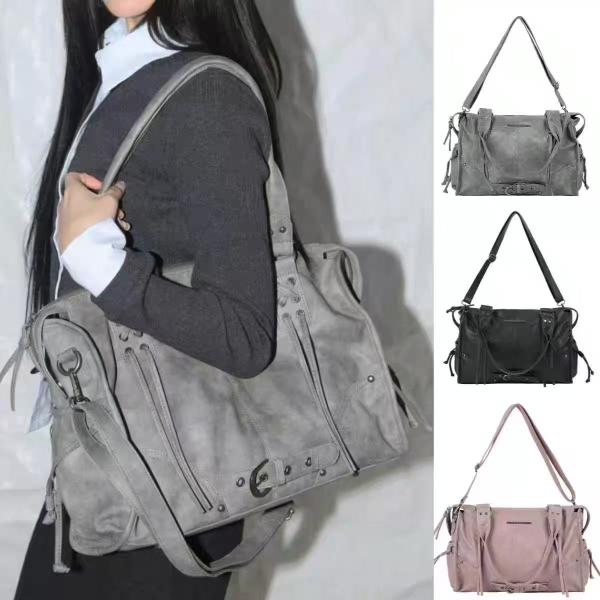 Korean Niche Fancy Club Large-Capacity Retro Fancyclub Tote Bag Rivet Strap Motorcycle Bag for Women