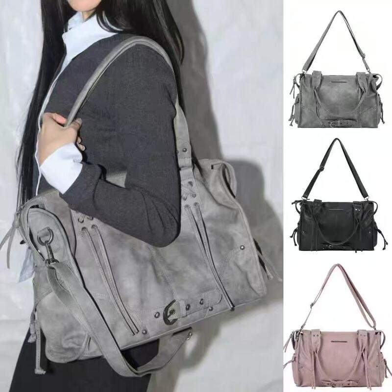 Korean Niche Fancy Club Large-Capacity Retro Fancyclub Tote Bag Rivet Strap Motorcycle Bag for Women
