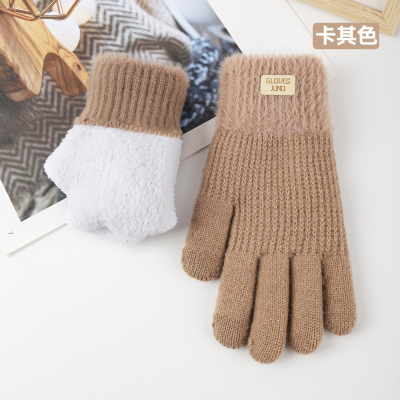 秋冬の女性用クロスボーダーニット手袋、二重層ベルベット、厚く暖かいウール、防寒タッチスクリーン手袋|undefined
