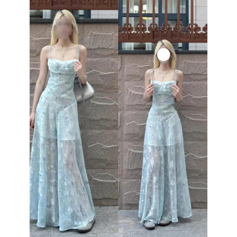 French Blue Floral Sling dress Women's Summer Seaside Vacation Beautiful Temperament Tight Waist Temperament Pure Desire Long Dress French Blue Floral Sling dress Women's Summer Seaside Vacation Beautiful Temperament Tight Waist Temperament Pure Desire Long Dress