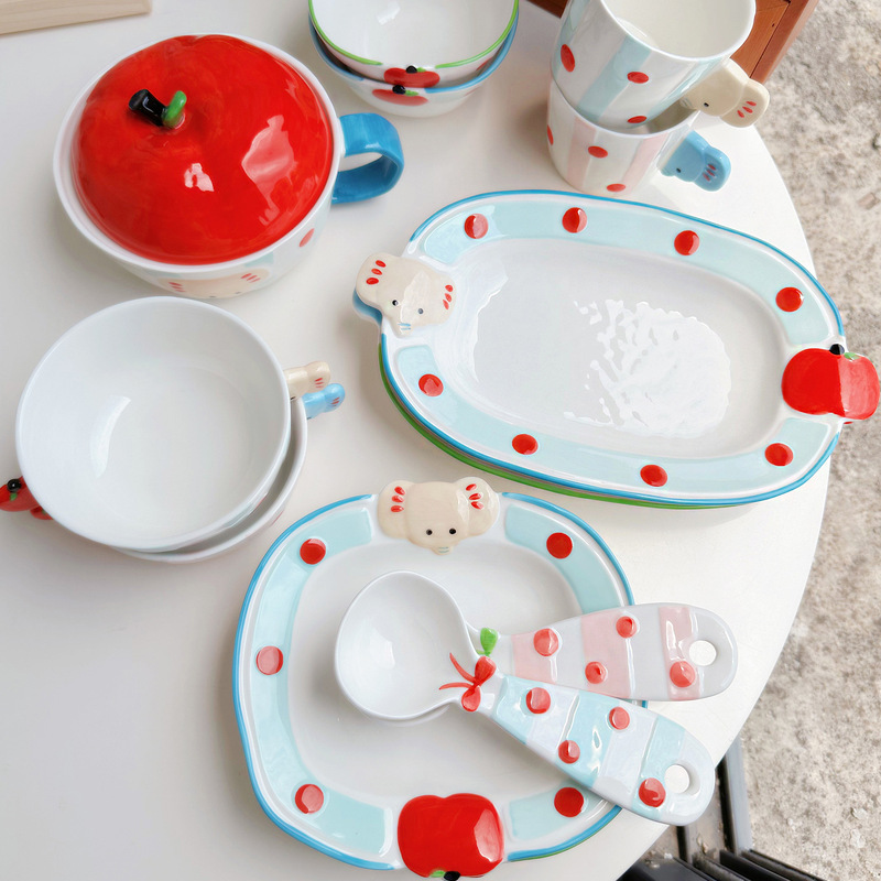 Cute Apple Elephant Ceramic Tableware Rice Bowl Household Fish Plate High-Value Dish Plate Instant Noodle Bowl Yogurt Bowl Dinner Plate