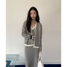 UNITY MODE 羊毛撞色针织开衫女冬季假两件V领外套气质上衣241591