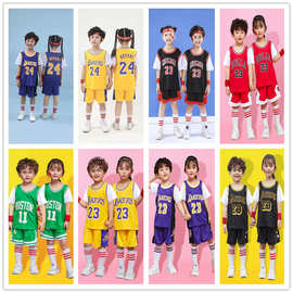 儿童假两件篮球服套装库里30号湖人23号球衣中男女小学生短袖