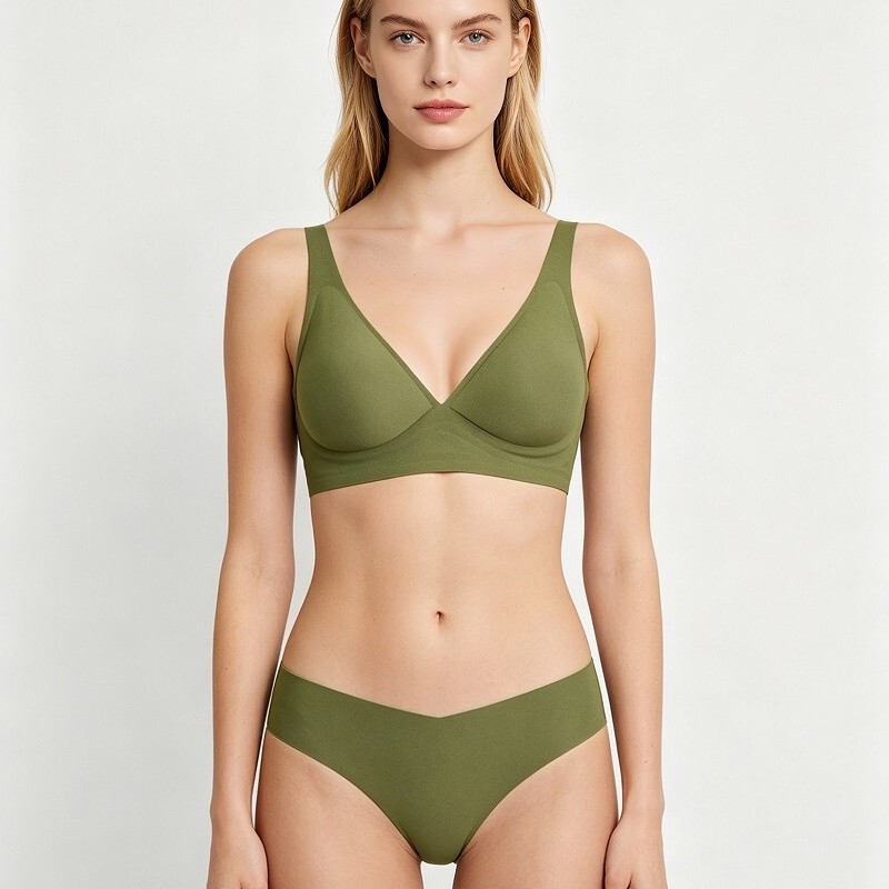 Cross-border European and American seamless underwear thin without steel ring comfortable soft support sexy V-shaped bra thong set for women