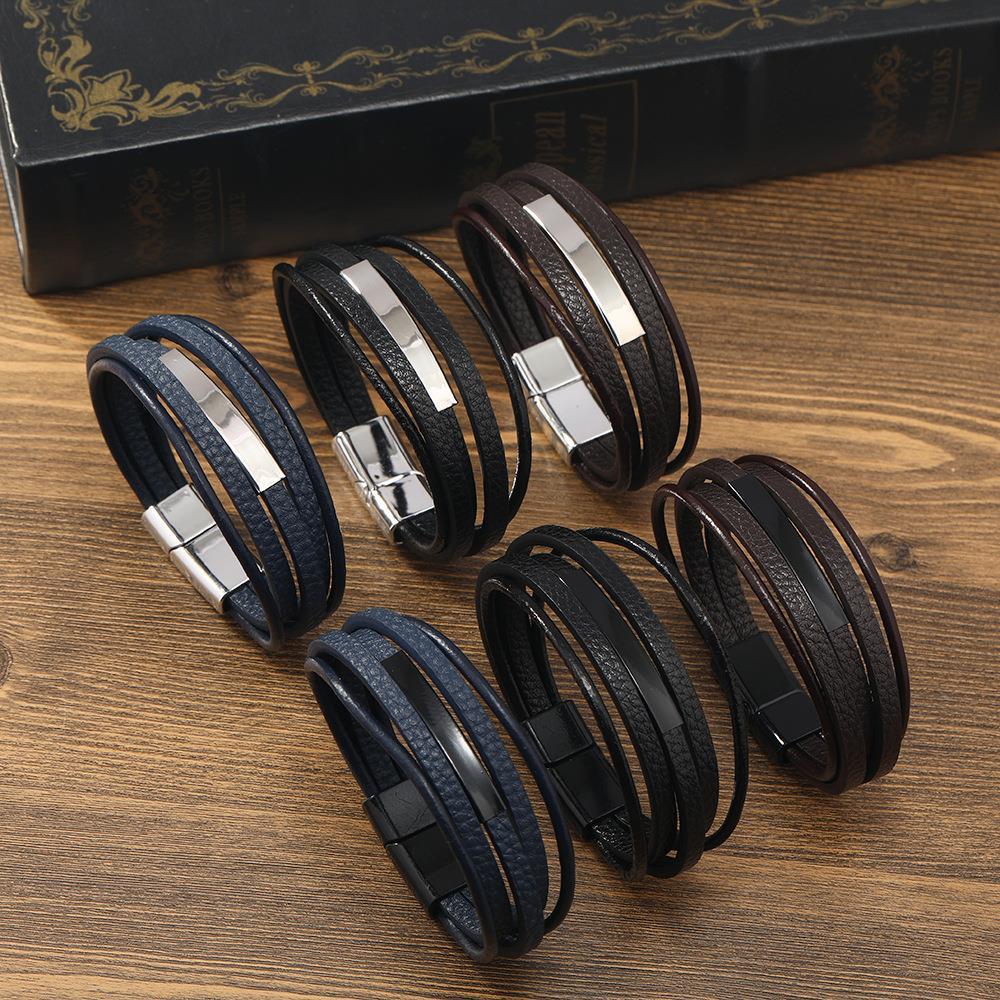 合金弯管配饰pu手绳 男士嘻哈时尚磁铁扣手链 个性化可刻字手环