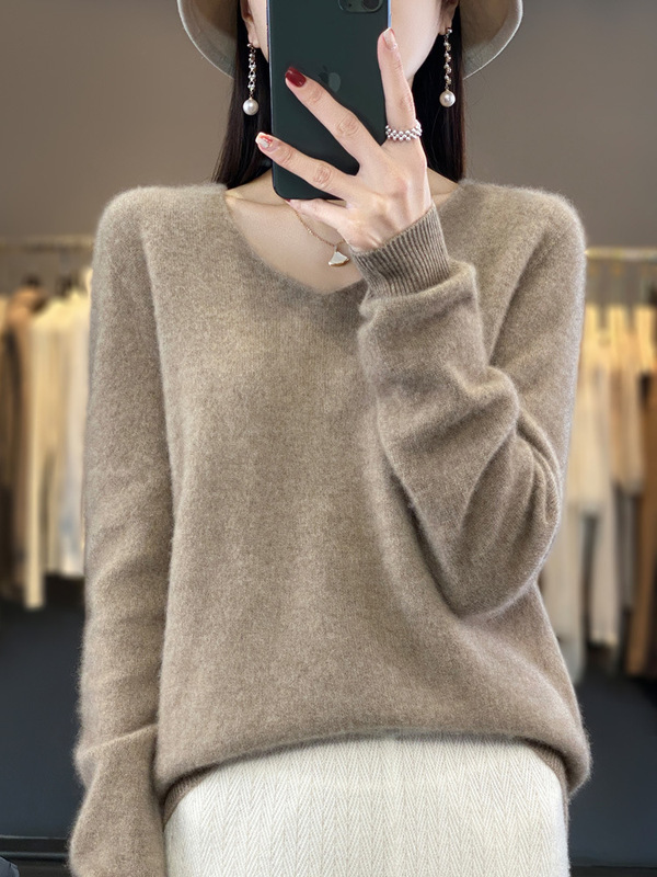 一线成衣V领羊毛衫女春秋款简约百搭羊毛衫宽松套头针织打底衫潮|undefined