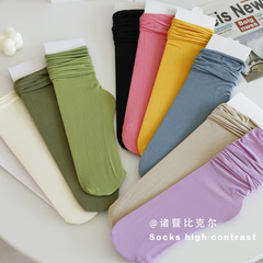 Ice Silk Stockings for Women, Mid-Calf Socks, Spring/Summer Thin White Pile-Up Socks, Internet-Famous Solid-Color Ice Silk Velvet Long Socks