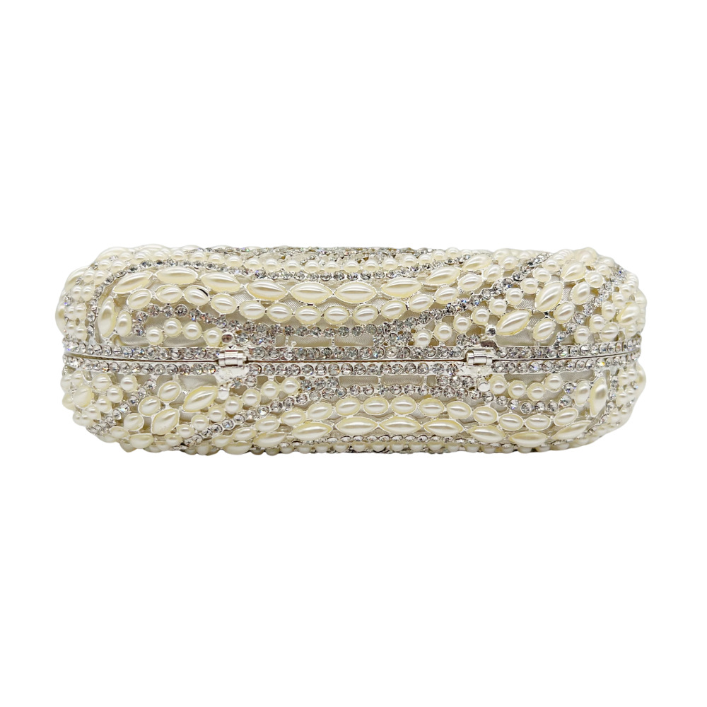 Túi clutch dạ tiệc đính kim cương rỗng lá phong cách mới — Màu trắng, Ngọc trai bạc, Bạc pha lê trắng, Màu sâm panh chi tiết 5