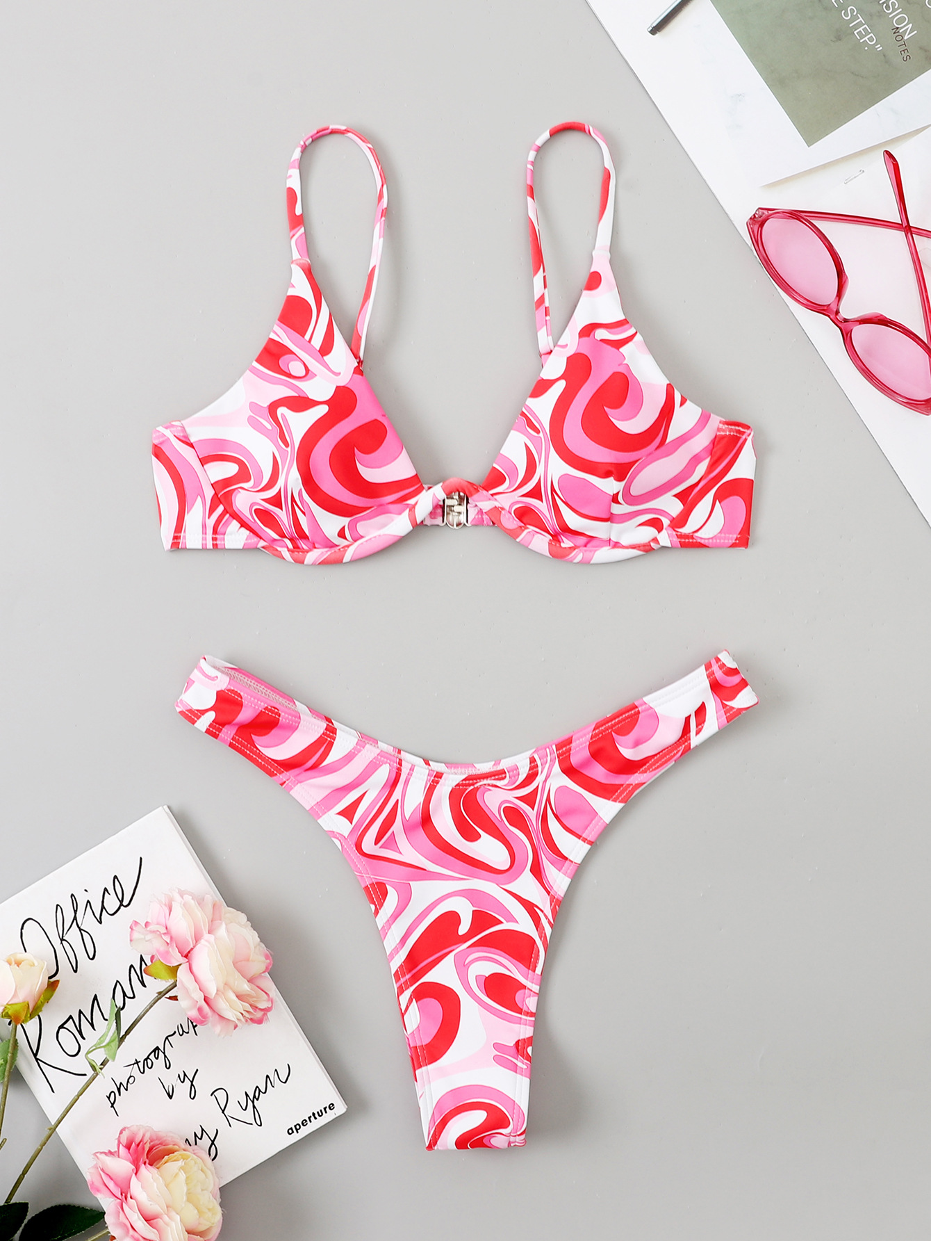 Printed sling wrap chest high waist Bikini two-piece set NSCMB126053