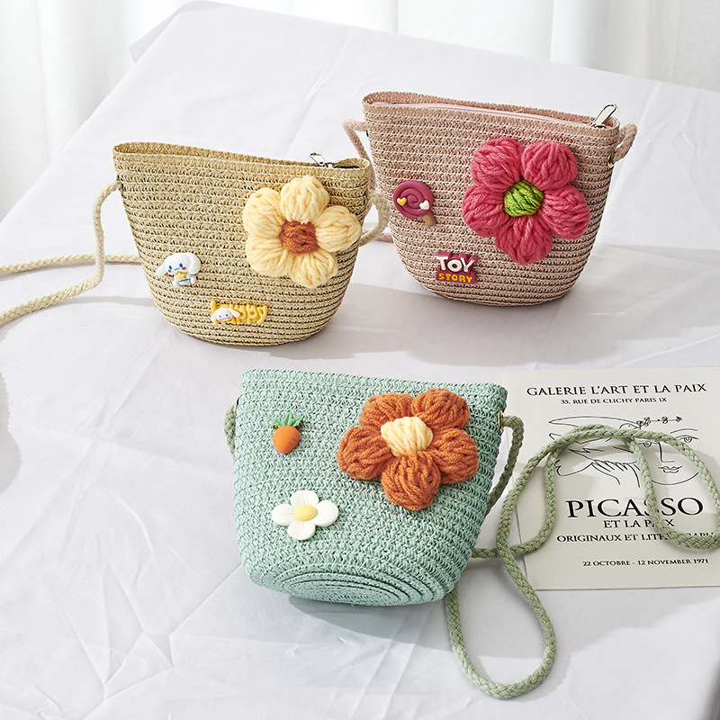 Wool Flower Zipper Children's Bag Straw Wool Flower Vacation Bag New Girls' Beach Trendy Coin Purse