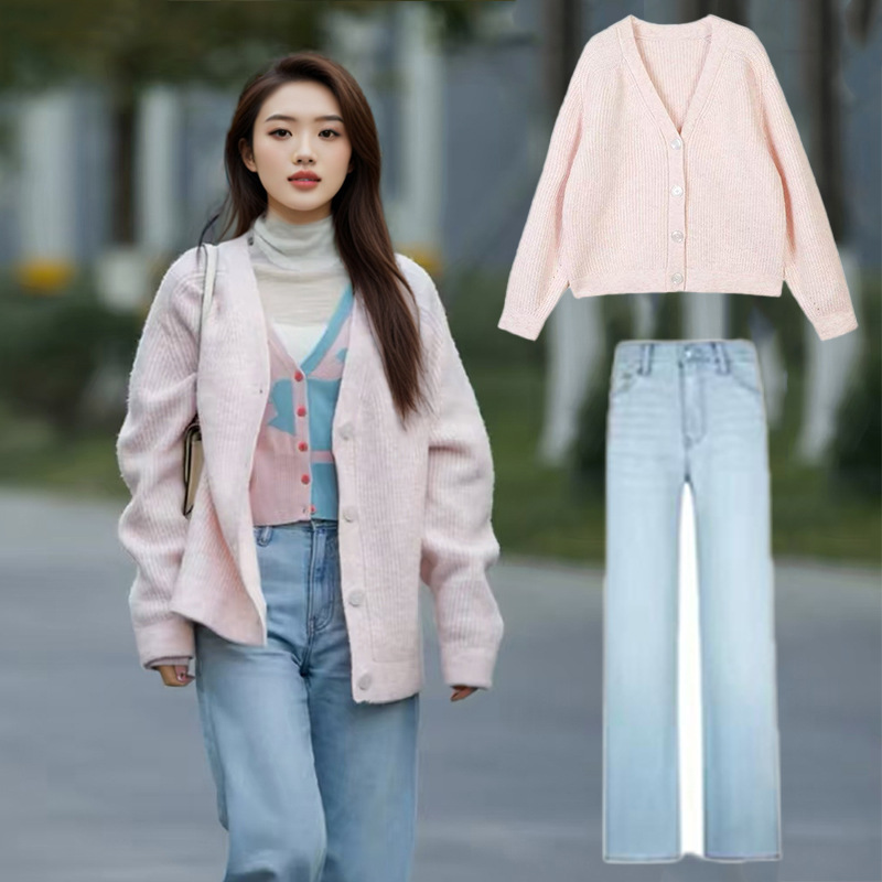 In Stock 2026 New Model Zhao Jinmai Style Pink Knit Sweater Loose Versatile Lazy Style Cardigan Jacket Jeans In Stock 2026 New Model Zhao Jinmai Style Pink Knit Sweater Loose Versatile Lazy Style Cardigan Jacket Jeans