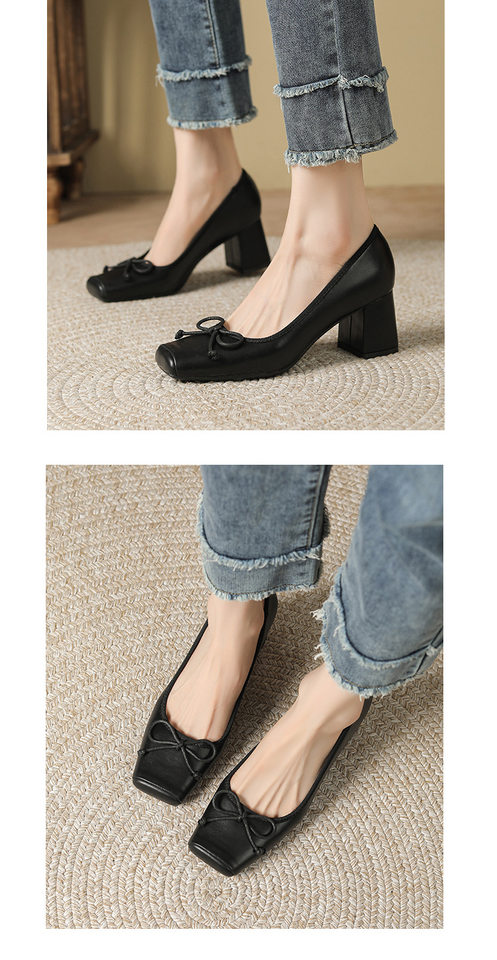 Giày cao gót nữ mũi vuông gót thô 3–6 cm, mặt giày phối nơ, kiểu mary jane — Màu Kaki, Màu đen chi tiết 11