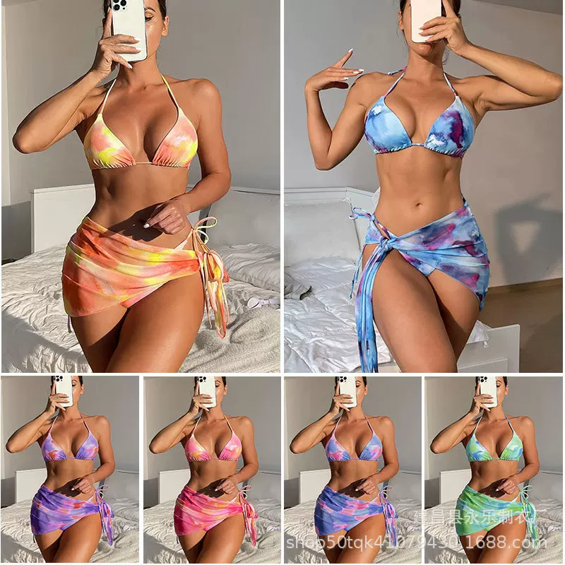 跨境2023欧美泳衣女分体三件套裙式扎染ins风速卖通跨境比基尼装