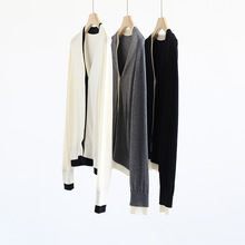 秋冬时髦法式V领拼色长袖针织衫百搭气质通勤薄款开衫外套上衣