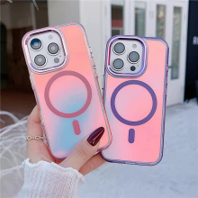适用iPhone16E渐变磁吸磨砂手机壳苹果17Pro金属镜头框防摔保护套