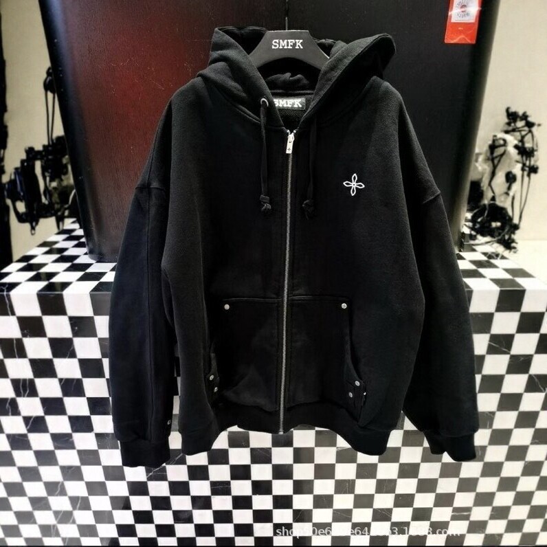 SMFK cross-stitch embroidered zip-up hoodie for women, 2025 autumn collection, loose-fitting, versatile, casual cardigan-style outerwear SMFK cross-stitch embroidered zip-up hoodie for women, 2025 autumn collection, loose-fitting, versatile, casual cardigan-style outerwear