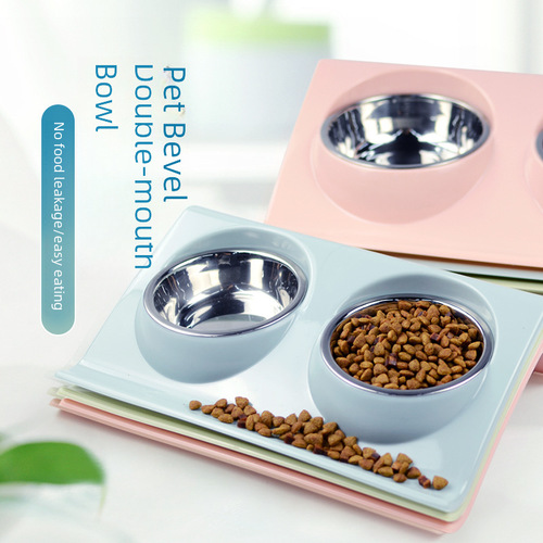 Cat Bowl Double Bowl Large Diameter Oblique Mouth Protecting Cervical Vertebra Cat Basin Pet Dog Food Basin Feeding Stainless Steel Dog Bowl Anti-Tipping 