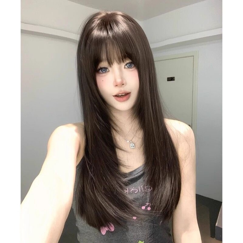 Wig for Women with High-End Straight Bangs, Long Straight Hair, Black Tea Color, Full Head Wig, Long Curly Hair, Factory Direct Sale Wig for Women with High-End Straight Bangs, Long Straight Hair, Black Tea Color, Full Head Wig, Long Curly Hair, Factory Direct Sale