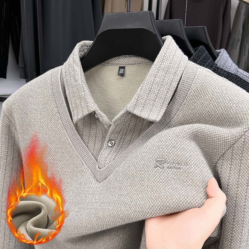 Men's Faux Two-Piece Thickened Sweater with a Turn-Down Collar, New Winter Fleece-Lined Warm Knit Top for Middle-Aged Men
