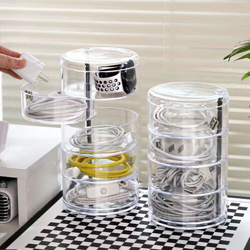 Rotating data cable storage box desktop power supply mobile phone charger cable organizer headphone plug organizing and placing shelf